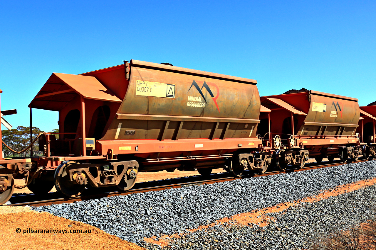 240328 2999
Loaded Koolyanobbing iron ore train 5041 with Mineral Resources Ltd MHPY type iron ore waggons MHPY 00357 and MHPY 00358 built by CSR Yangtze Co China with serial numbers 2014 / 382-357 and 2014 / 382-358 in 2014 as a batch of 382 pairs, these bottom discharge hopper waggons are operated in 'married' pairs. 28th of March 2024.
Keywords: MHPY-type;MHPY00357;2014/382-357;MHPY00358;2014/382-358;CSR-Yangtze-Rolling-Stock-Co-China;