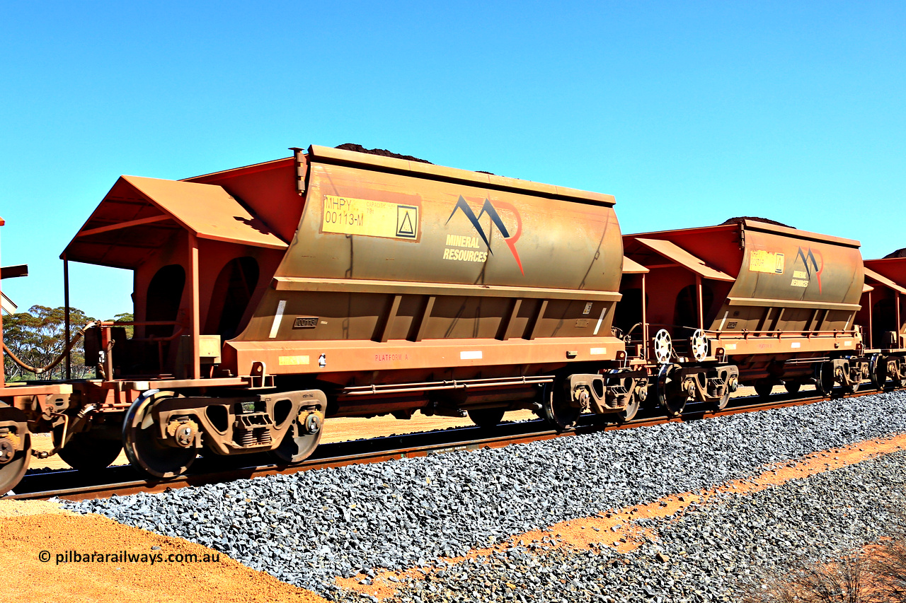 240328 3003
Loaded Koolyanobbing iron ore train 5041 with Mineral Resources Ltd MHPY type iron ore waggons MHPY 00113 and MHPY 00270 built by CSR Yangtze Co China with serial numbers 2014 / 382-113 and 2014 / 382-270 in 2014 as a batch of 382 pairs, these bottom discharge hopper waggons are operated in 'married' pairs. 28th of March 2024.
Keywords: MHPY-type;MHPY00113;2014/382-113;MHPY00270;2014/382-270;CSR-Yangtze-Rolling-Stock-Co-China;