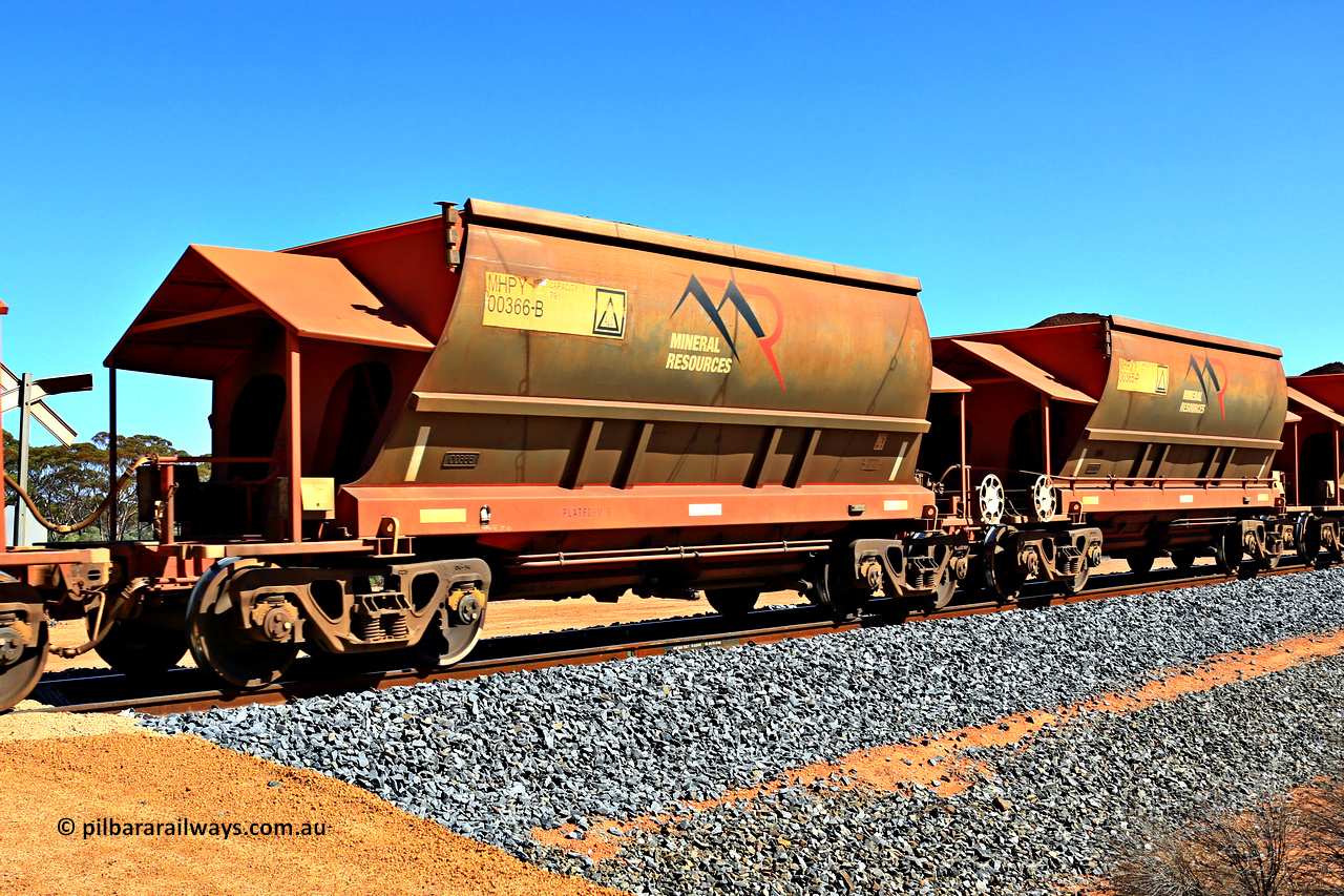 240328 3006
Loaded Koolyanobbing iron ore train 5041 with Mineral Resources Ltd MHPY type iron ore waggons MHPY 00366 and MHPY 00365 built by CSR Yangtze Co China with serial numbers 2014 / 382-366 and 2014 / 382-365 in 2014 as a batch of 382 pairs, these bottom discharge hopper waggons are operated in 'married' pairs. 28th of March 2024.
Keywords: MHPY-type;MHPY00366;2014/382-366;MHPY00365;2014/382-365;CSR-Yangtze-Rolling-Stock-Co-China;