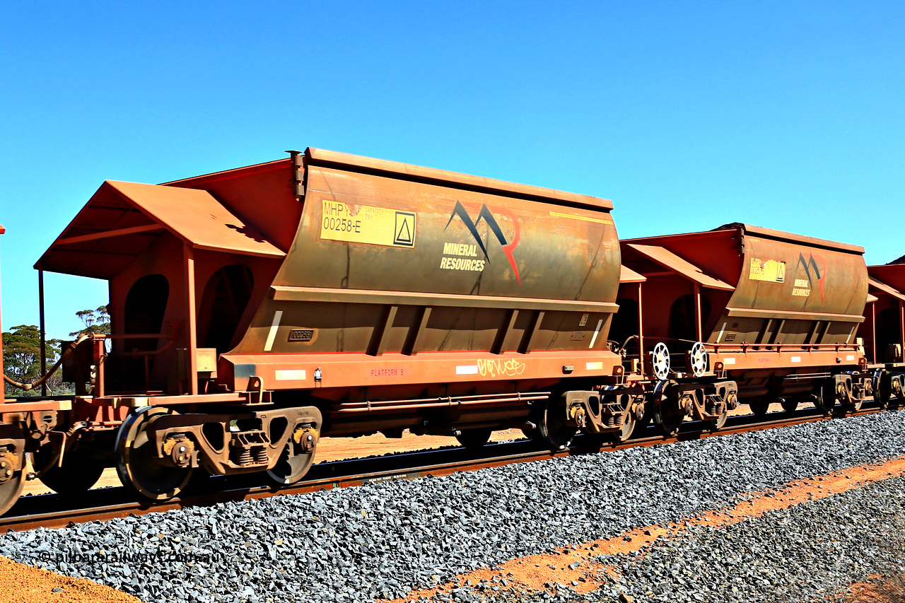 240328 3013
Loaded Koolyanobbing iron ore train 5041 with Mineral Resources Ltd MHPY type iron ore waggons MHPY 00258 and MHPY 00257 built by CSR Yangtze Co China with serial numbers 2014 / 382-258 and 2014 / 382-257 in 2014 as a batch of 382 pairs, these bottom discharge hopper waggons are operated in 'married' pairs. 28th of March 2024.
Keywords: MHPY-type;MHPY00258;2014/382-258;MHPY00257;2014/382-257;CSR-Yangtze-Rolling-Stock-Co-China;