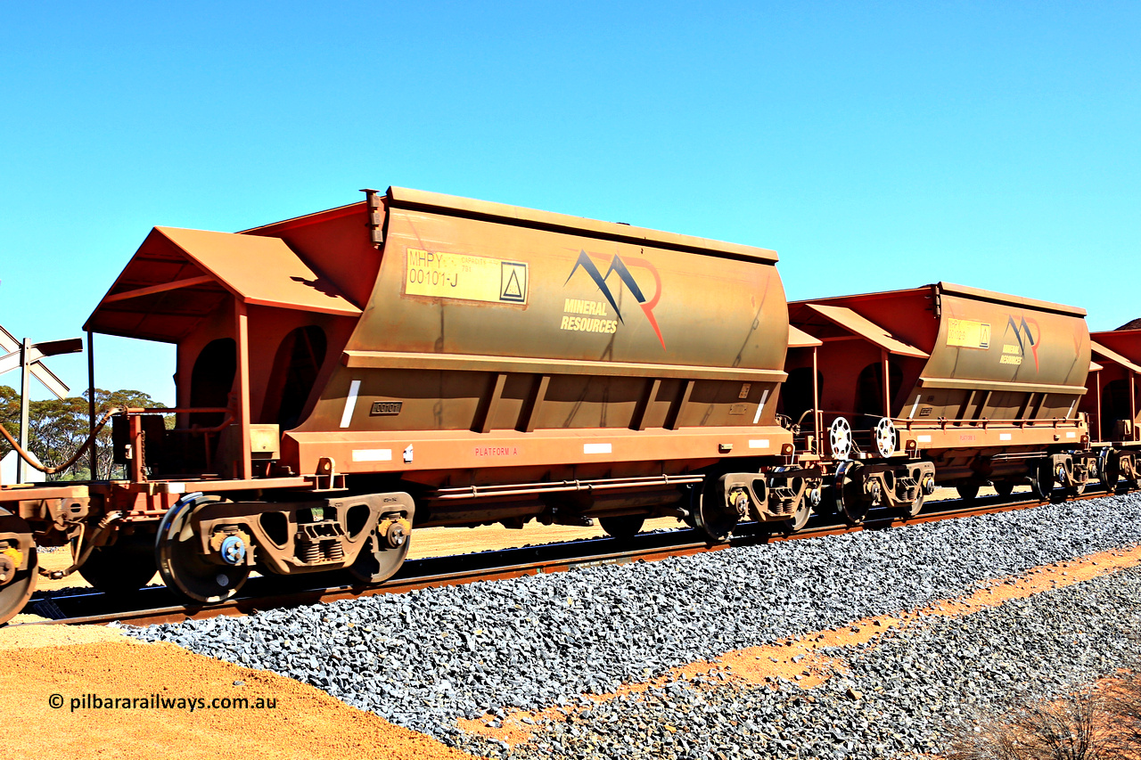 240328 3017
Loaded Koolyanobbing iron ore train 5041 with Mineral Resources Ltd MHPY type iron ore waggons MHPY 00101 and MHPY 00102 built by CSR Yangtze Co China with serial numbers 2014 / 382-101 and 2014 / 382-102 in 2014 as a batch of 382 pairs, these bottom discharge hopper waggons are operated in 'married' pairs. 28th of March 2024.
Keywords: MHPY-type;MHPY00101;2014/382-101;MHPY00102;2014/382-102;CSR-Yangtze-Rolling-Stock-Co-China;