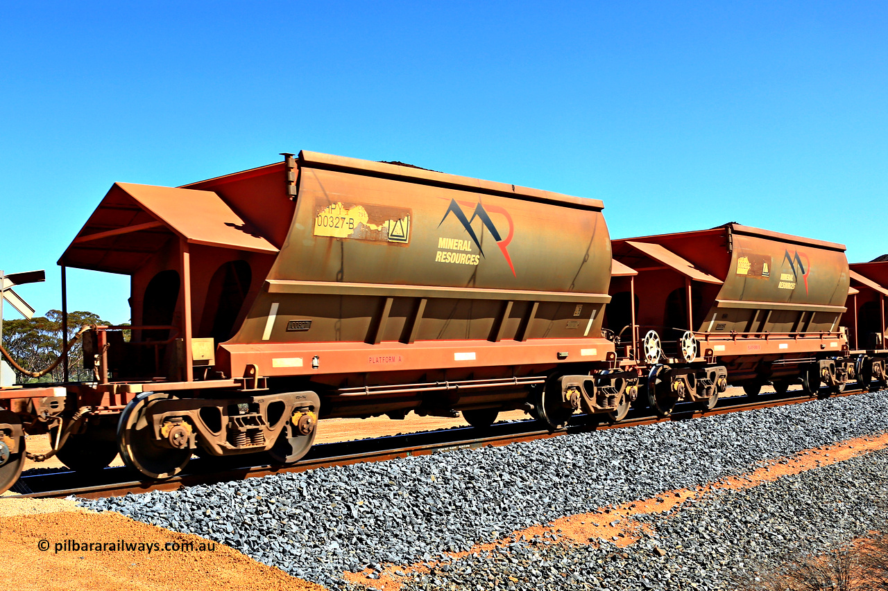 240328 3018
Loaded Koolyanobbing iron ore train 5041 with Mineral Resources Ltd MHPY type iron ore waggons MHPY 00327 and MHPY 00328 built by CSR Yangtze Co China with serial numbers 2014 / 382-327 and 2014 / 382-328 in 2014 as a batch of 382 pairs, these bottom discharge hopper waggons are operated in 'married' pairs. 28th of March 2024.
Keywords: MHPY-type;MHPY00327;2014/382-327;MHPY00328;2014/382-328;CSR-Yangtze-Rolling-Stock-Co-China;