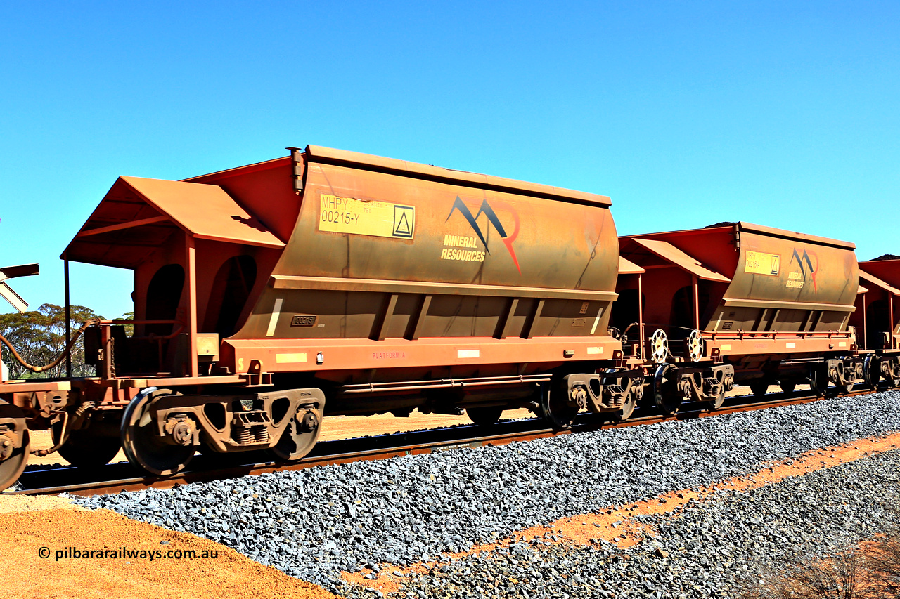 240328 3020
Loaded Koolyanobbing iron ore train 5041 with Mineral Resources Ltd MHPY type iron ore waggons MHPY 00215 and MHPY 00216 built by CSR Yangtze Co China with serial numbers 2014 / 382-215 and 2014 / 382-216 in 2014 as a batch of 382 pairs, these bottom discharge hopper waggons are operated in 'married' pairs. 28th of March 2024.
Keywords: MHPY-type;MHPY00215;2014/382-215;MHPY00216;2014/382-216;CSR-Yangtze-Rolling-Stock-Co-China;