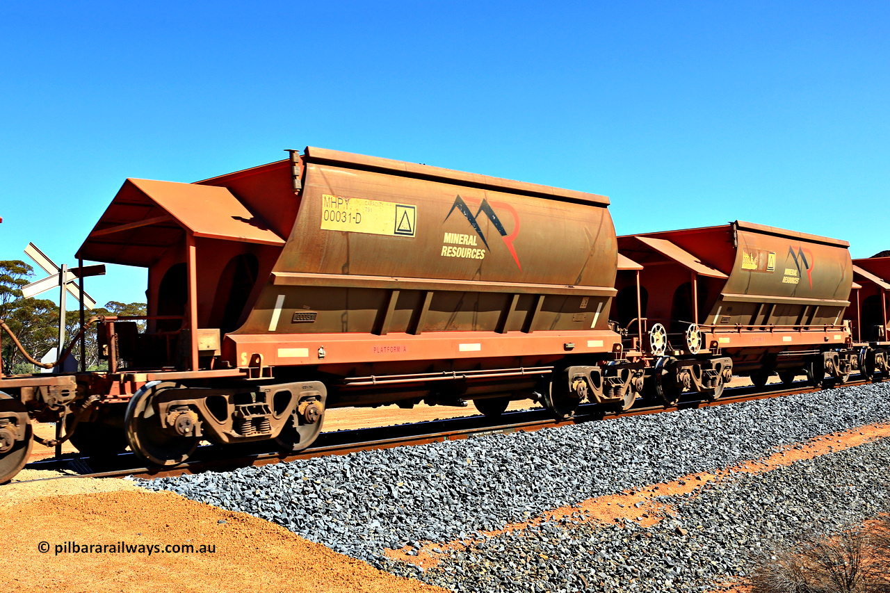 240328 3021
Loaded Koolyanobbing iron ore train 5041 with Mineral Resources Ltd MHPY type iron ore waggons MHPY 00031 and MHPY 00032 built by CSR Yangtze Co China with serial numbers 2014 / 382-31 and 2014 / 382-32 in 2014 as a batch of 382 pairs, these bottom discharge hopper waggons are operated in 'married' pairs. 28th of March 2024.
Keywords: MHPY-type;MHPY00031;2014/382-31;MHPY00032;2014/382-32;CSR-Yangtze-Rolling-Stock-Co-China;