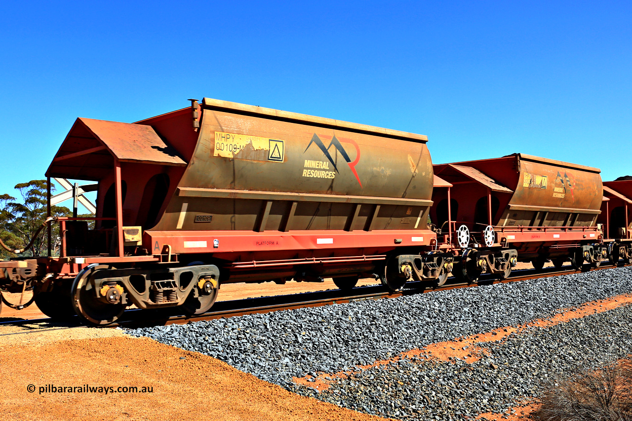 240328 3022
Loaded Koolyanobbing iron ore train 5041 with Mineral Resources Ltd MHPY type iron ore waggons MHPY 00109 and MHPY 00026 built by CSR Yangtze Co China with serial numbers 2014 / 382-109 and 2014 / 382-26 in 2014 as a batch of 382 pairs, these bottom discharge hopper waggons are operated in 'married' pairs. 28th of March 2024.
Keywords: MHPY-type;MHPY00109;2014/382-109;MHPY00026;2014/382-26;CSR-Yangtze-Rolling-Stock-Co-China;