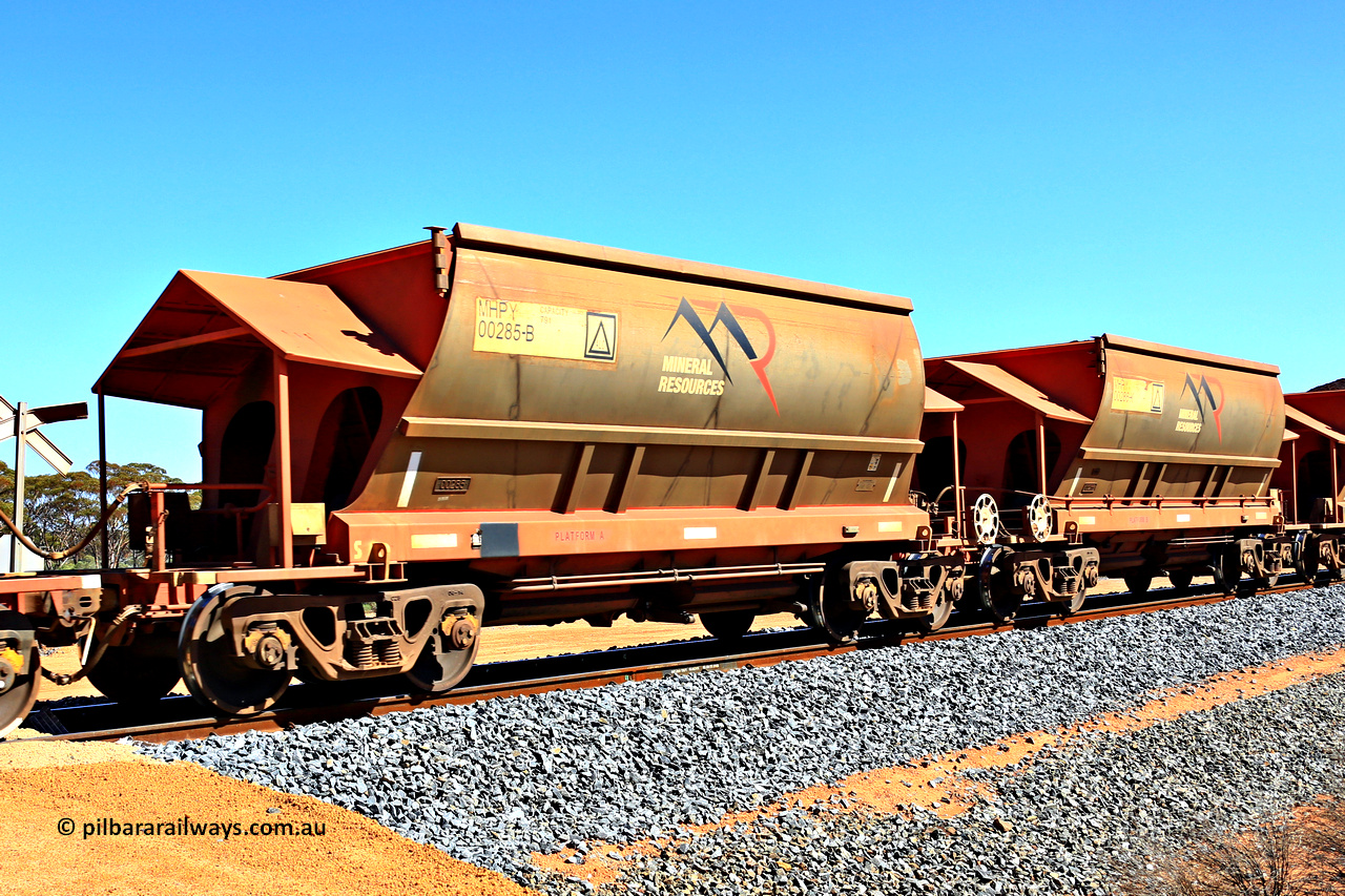 240328 3023
Loaded Koolyanobbing iron ore train 5041 with Mineral Resources Ltd MHPY type iron ore waggons MHPY 00285 and MHPY 00286 built by CSR Yangtze Co China with serial numbers 2014 / 382-285 and 2014 / 382-286 in 2014 as a batch of 382 pairs, these bottom discharge hopper waggons are operated in 'married' pairs. 28th of March 2024.
Keywords: MHPY-type;MHPY00285;2014/382-285;MHPY00286;2014/382-286;CSR-Yangtze-Rolling-Stock-Co-China;