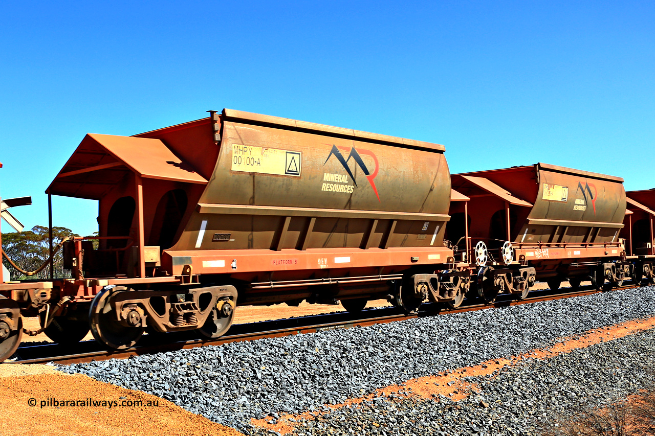 240328 3024
Loaded Koolyanobbing iron ore train 5041 with Mineral Resources Ltd MHPY type iron ore waggons MHPY 00100 and MHPY 00099 built by CSR Yangtze Co China with serial numbers 2014 / 382-100 and 2014 / 382-99 in 2014 as a batch of 382 pairs, these bottom discharge hopper waggons are operated in 'married' pairs. 28th of March 2024.
Keywords: MHPY-type;MHPY00100;2014/382-100;MHPY00099;2014/382-99;CSR-Yangtze-Rolling-Stock-Co-China;