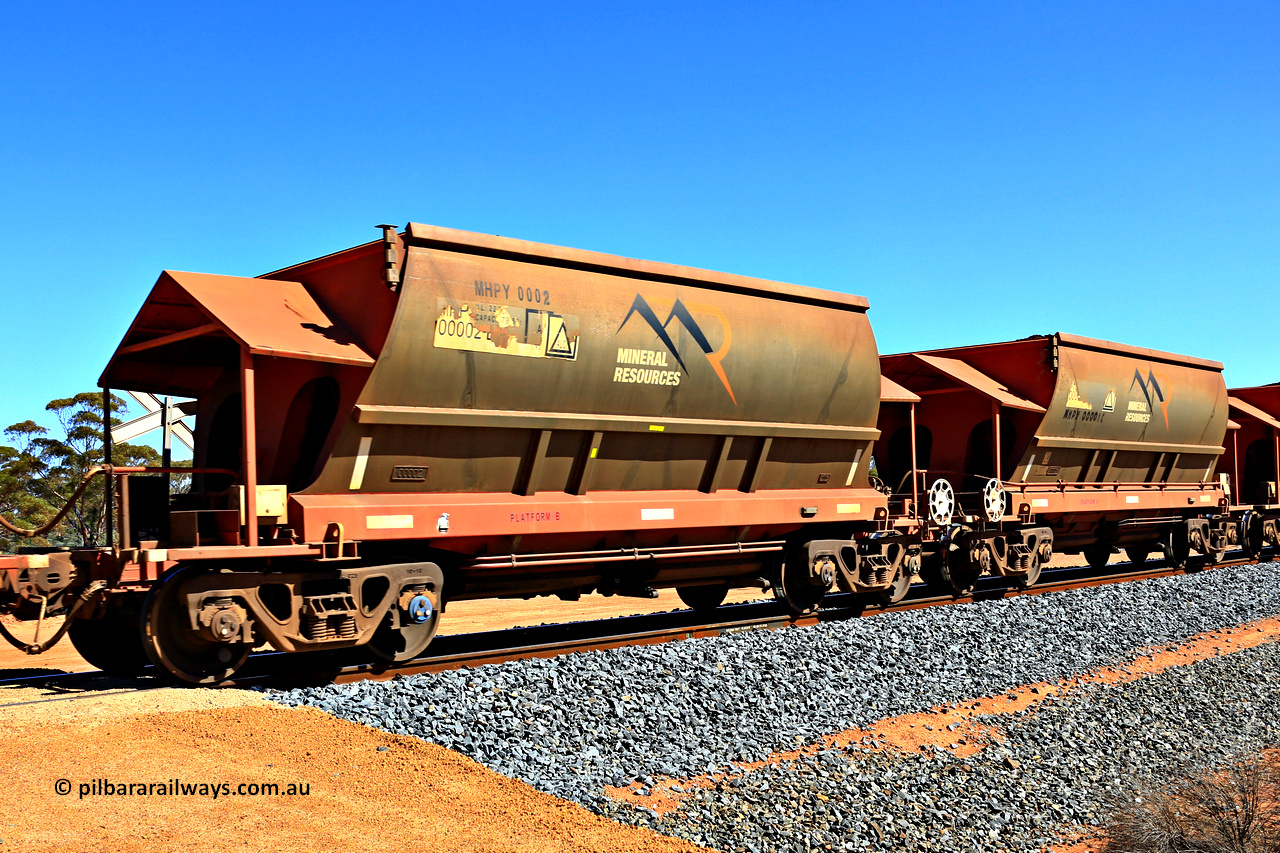 240328 3025
Loaded Koolyanobbing iron ore train 5041 with Mineral Resources Ltd MHPY type iron ore waggons MHPY 00002 and MHPY 00001 built by CSR Yangtze Co China with serial numbers 2014 / 382-2 and 2014 / 382-1 in 2014 as a batch of 382 pairs, these bottom discharge hopper waggons are operated in 'married' pairs. 28th of March 2024.
Keywords: MHPY-type;MHPY00002;2014/382-2;MHPY00001;2014/382-1;CSR-Yangtze-Rolling-Stock-Co-China;