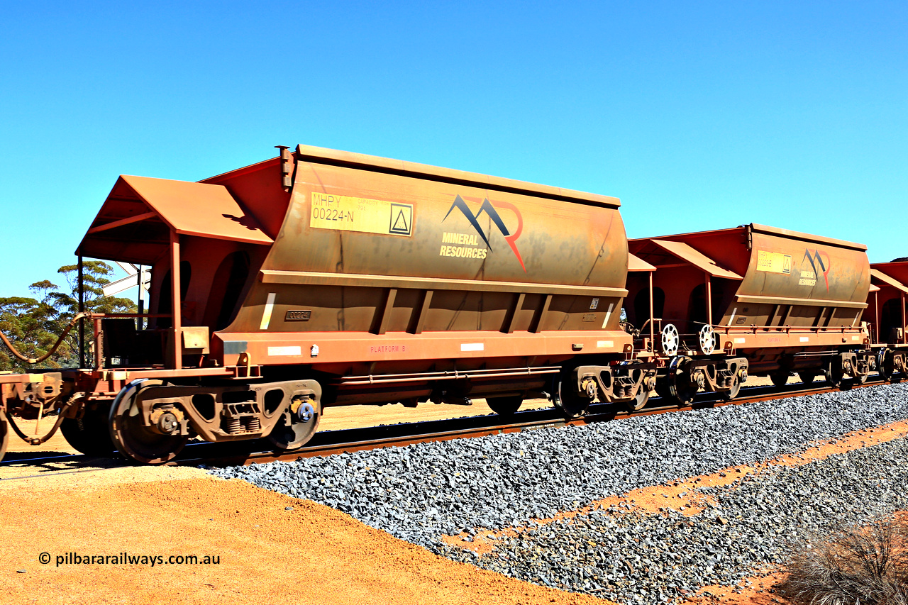 240328 3027
Loaded Koolyanobbing iron ore train 5041 with Mineral Resources Ltd MHPY type iron ore waggons MHPY 00224 and MHPY 00223 built by CSR Yangtze Co China with serial numbers 2014 / 382-224 and 2014 / 382-223 in 2014 as a batch of 382 pairs, these bottom discharge hopper waggons are operated in 'married' pairs. 28th of March 2024.
Keywords: MHPY-type;MHPY00224;2014/382-224;MHPY00223;2014/382-223;CSR-Yangtze-Rolling-Stock-Co-China;