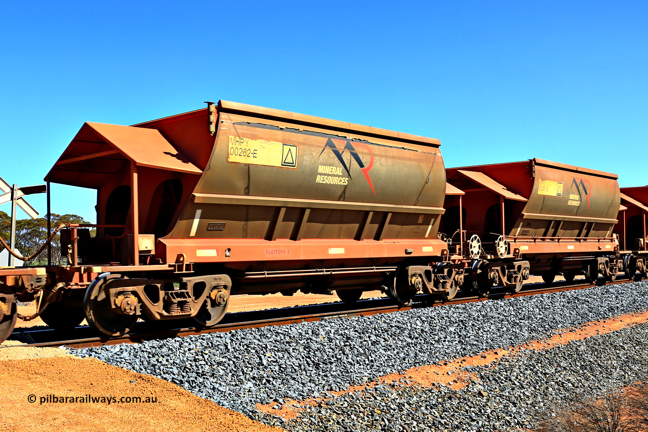 240328 3029
Loaded Koolyanobbing iron ore train 5041 with Mineral Resources Ltd MHPY type iron ore waggons MHPY 00262 and MHPY 00261 built by CSR Yangtze Co China with serial numbers 2014 / 382-262 and 2014 / 382-261 in 2014 as a batch of 382 pairs, these bottom discharge hopper waggons are operated in 'married' pairs. 28th of March 2024.
Keywords: MHPY-type;MHPY00262;2014/382-262;MHPY00261;2014/382-261;CSR-Yangtze-Rolling-Stock-Co-China;