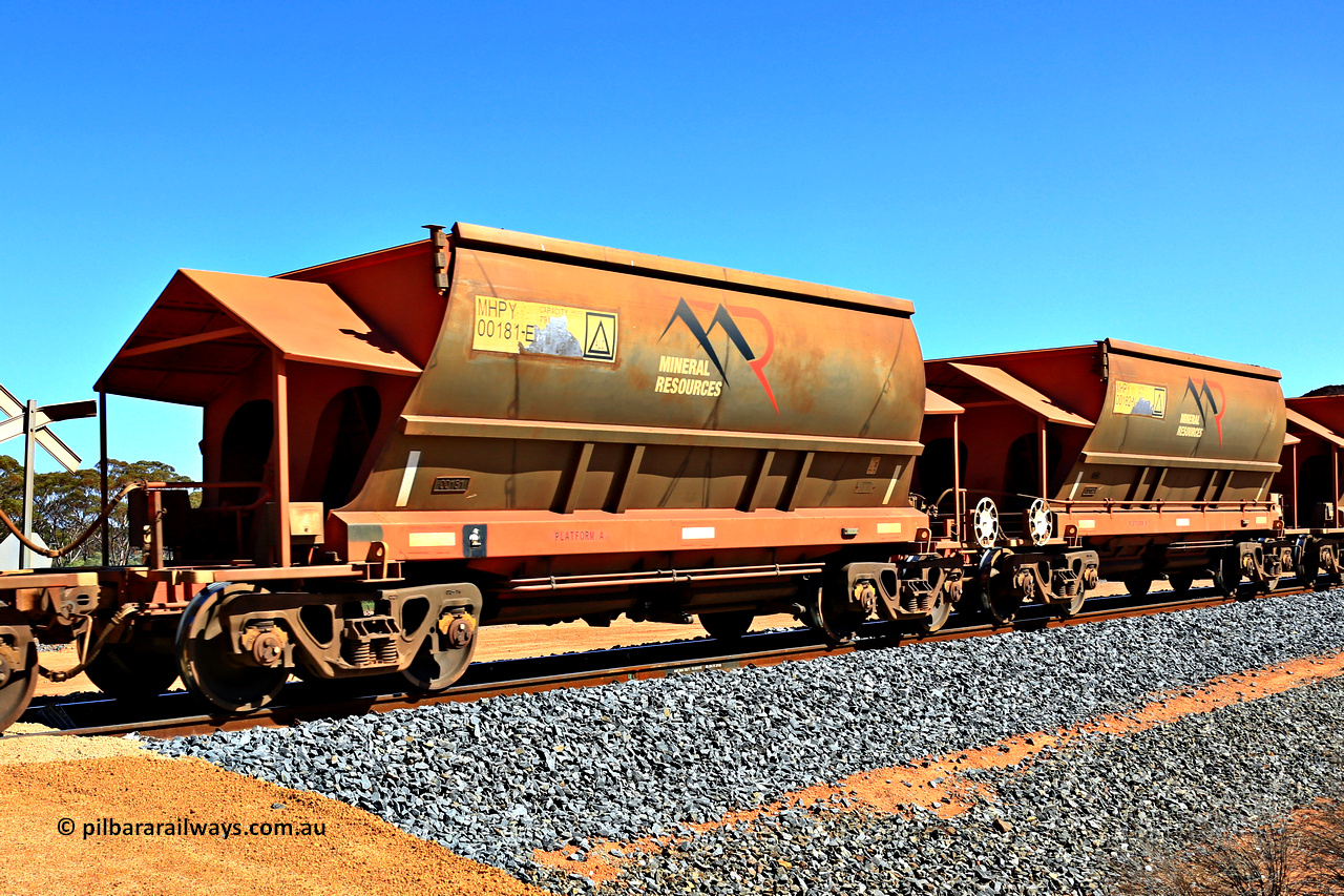 240328 3030
Loaded Koolyanobbing iron ore train 5041 with Mineral Resources Ltd MHPY type iron ore waggons MHPY 00181 and MHPY 00182 built by CSR Yangtze Co China with serial numbers 2014 / 382-181 and 2014 / 382-182 in 2014 as a batch of 382 pairs, these bottom discharge hopper waggons are operated in 'married' pairs. 28th of March 2024.
Keywords: MHPY-type;MHPY00181;2014/382-181;MHPY00182;2014/382-182;CSR-Yangtze-Rolling-Stock-Co-China;