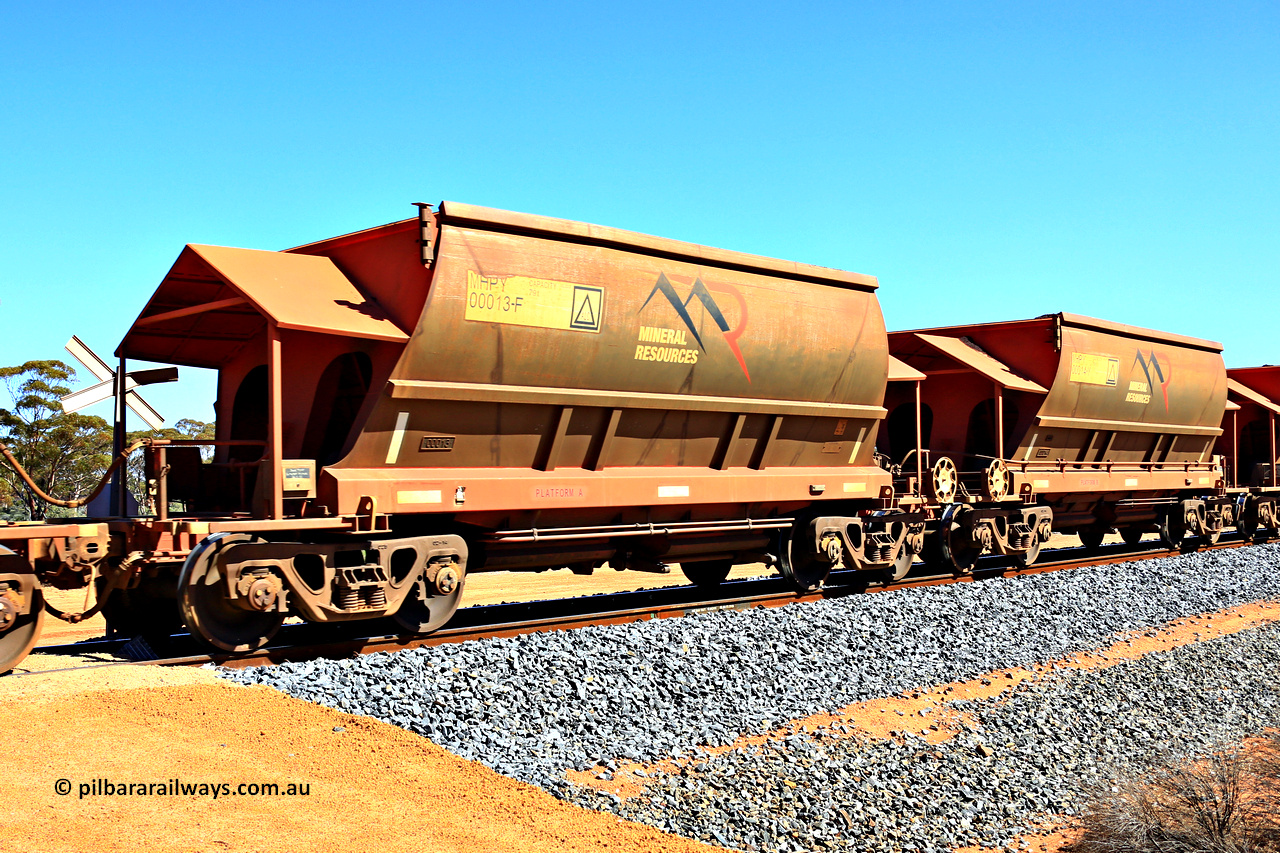 240328 3031
Loaded Koolyanobbing iron ore train 5041 with Mineral Resources Ltd MHPY type iron ore waggons MHPY 00013 and MHPY 00014 built by CSR Yangtze Co China with serial numbers 2014 / 382-13 and 2014 / 382-14 in 2014 as a batch of 382 pairs, these bottom discharge hopper waggons are operated in 'married' pairs. 28th of March 2024.
Keywords: MHPY-type;MHPY00013;2014/382-13;MHPY00014;2014/382-14;CSR-Yangtze-Rolling-Stock-Co-China;