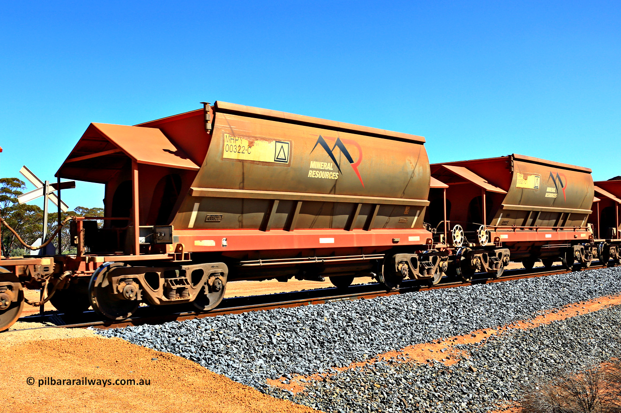 240328 3032
Loaded Koolyanobbing iron ore train 5041 with Mineral Resources Ltd MHPY type iron ore waggons MHPY 00322 and MHPY 00321 built by CSR Yangtze Co China with serial numbers 2014 / 382-322 and 2014 / 382-321 in 2014 as a batch of 382 pairs, these bottom discharge hopper waggons are operated in 'married' pairs. 28th of March 2024.
Keywords: MHPY-type;MHPY00322;2014/382-322;MHPY00321;2014/382-321;CSR-Yangtze-Rolling-Stock-Co-China;