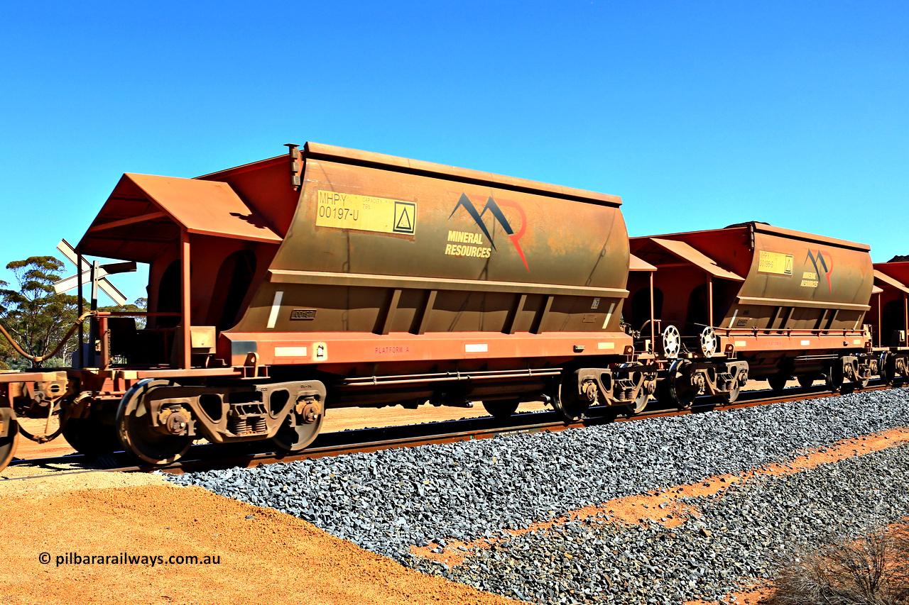 240328 3033
Loaded Koolyanobbing iron ore train 5041 with Mineral Resources Ltd MHPY type iron ore waggons MHPY 00197 and MHPY 00198 built by CSR Yangtze Co China with serial numbers 2014 / 382-197 and 2014 / 382-198 in 2014 as a batch of 382 pairs, these bottom discharge hopper waggons are operated in 'married' pairs. 28th of March 2024.
Keywords: MHPY-type;MHPY00197;2014/382-197;MHPY00198;2014/382-198;CSR-Yangtze-Rolling-Stock-Co-China;