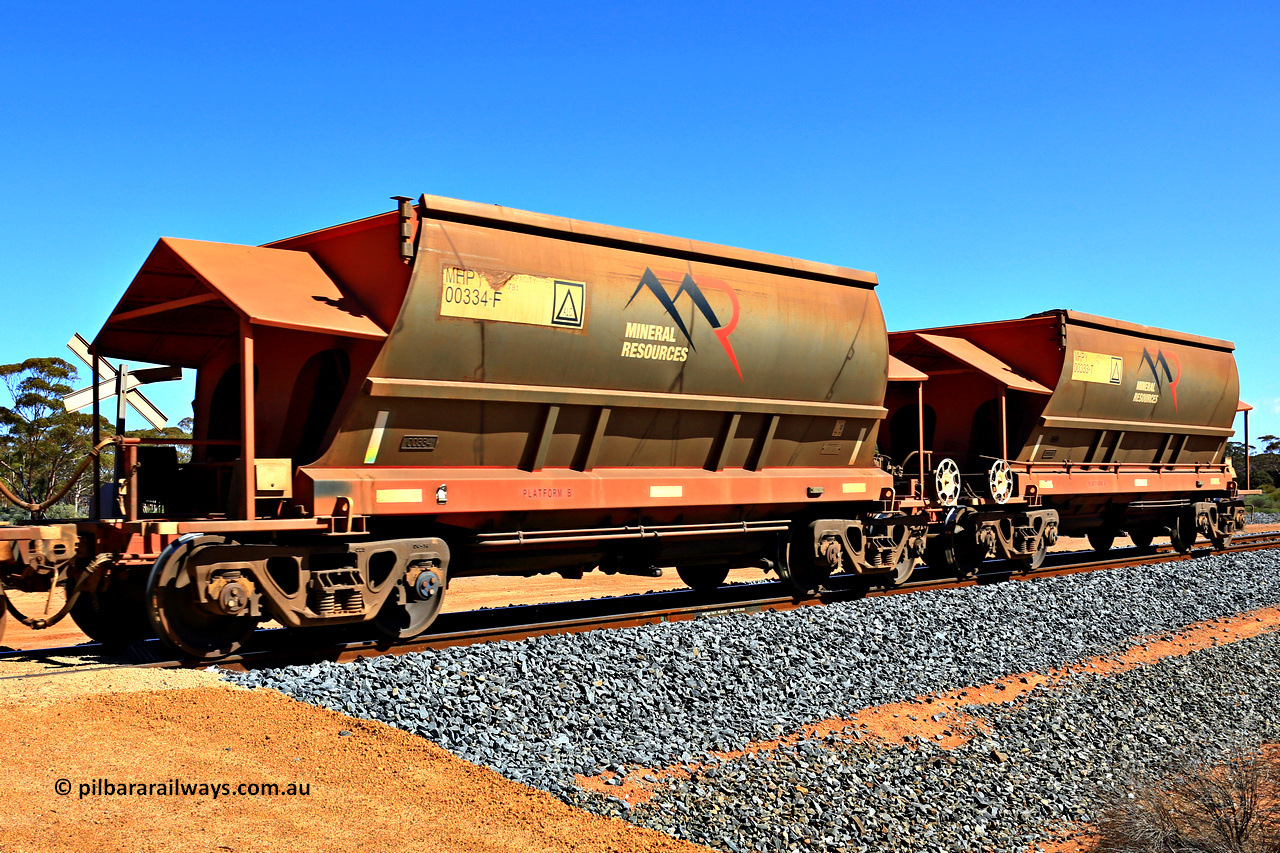 240328 3034
Loaded Koolyanobbing iron ore train 5041 with Mineral Resources Ltd MHPY type iron ore waggons MHPY 00334 and MHPY 00333 built by CSR Yangtze Co China with serial numbers 2014 / 382-334 and 2014 / 382-333 in 2014 as a batch of 382 pairs, these bottom discharge hopper waggons are operated in 'married' pairs. 28th of March 2024.
Keywords: MHPY-type;MHPY00334;2014/382-334;MHPY00333;2014/382-333;CSR-Yangtze-Rolling-Stock-Co-China;