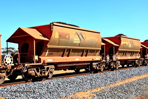 240328 2973
Loaded Koolyanobbing iron ore train 5041 with Mineral Resources Ltd MHPY type iron ore waggons MHPY 00200 and MHPY 00199 built by CSR Yangtze Co China with serial numbers 2014 / 382-200 and 2014 / 382-200 in 2014 as a batch of 382 pairs, these bottom discharge hopper waggons are operated in 'married' pairs. March 28, 2024.
Keywords: MHPY-type;MHPY00200;2014/382-200;MHPY00199;2014/382-199;CSR-Yangtze-Rolling-Stock-Co-China;