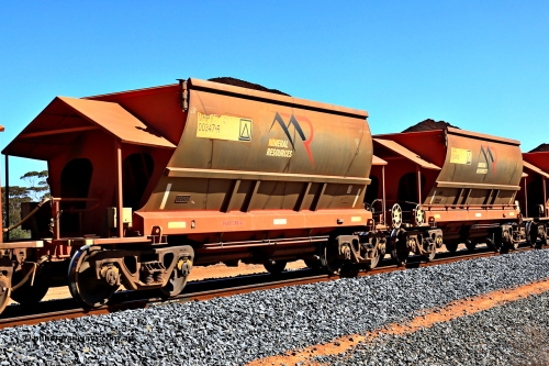 240328 2974
Loaded Koolyanobbing iron ore train 5041 with Mineral Resources Ltd MHPY type iron ore waggons MHPY 00347 and MHPY 00348 built by CSR Yangtze Co China with serial numbers 2014 / 382-347 and 2014 / 382-348 in 2014 as a batch of 382 pairs, these bottom discharge hopper waggons are operated in 'married' pairs. March 28, 2024.
Keywords: MHPY-type;MHPY00347;2014/382-347;MHPY00348;2014/382-348;CSR-Yangtze-Rolling-Stock-Co-China;
