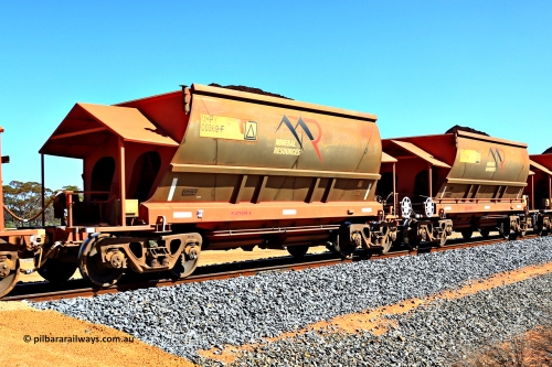240328 3000
Loaded Koolyanobbing iron ore train 5041 with Mineral Resources Ltd MHPY type iron ore waggons MHPY 00369 and MHPY 00370 built by CSR Yangtze Co China with serial numbers 2014 / 382-369 and 2014 / 382-370 in 2014 as a batch of 382 pairs, these bottom discharge hopper waggons are operated in 'married' pairs. March 28, 2024.
Keywords: MHPY-type;MHPY00369;2014/382-369;MHPY00370;2014/382-370;CSR-Yangtze-Rolling-Stock-Co-China;