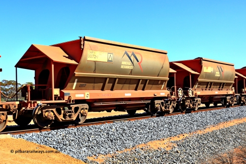 240328 3015
Loaded Koolyanobbing iron ore train 5041 with Mineral Resources Ltd MHPY type iron ore waggons MHPY 00072 and MHPY 00071 built by CSR Yangtze Co China with serial numbers 2014 / 382-72 and 2014 / 382-71 in 2014 as a batch of 382 pairs, these bottom discharge hopper waggons are operated in 'married' pairs. March 28, 2024.
Keywords: MHPY-type;MHPY00072;2014/382-72;MHPY00071;2014/382-71;CSR-Yangtze-Rolling-Stock-Co-China;