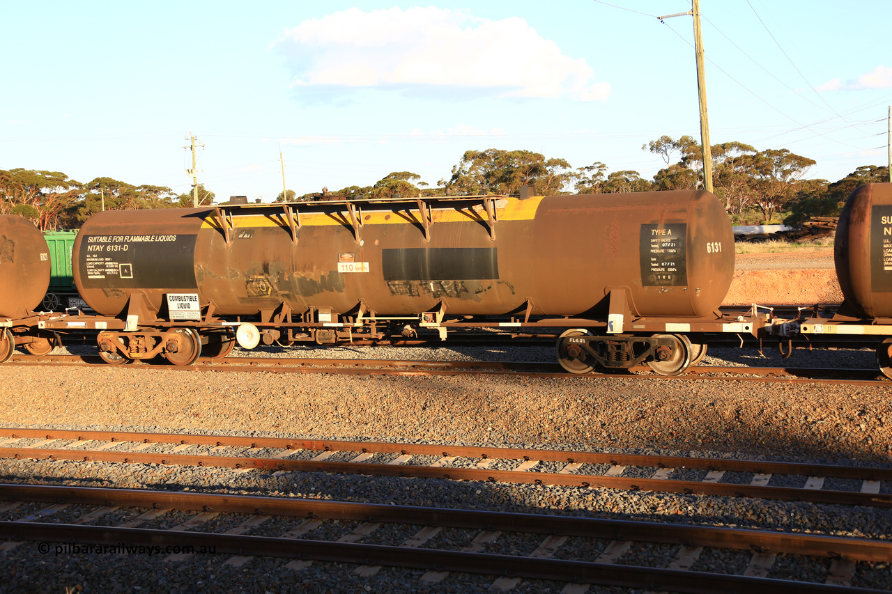 240328 3172
West Kalgoorlie, Viva Energy's NTAY 6131 fuel tank waggon, built by Indeng Qld in 1979 for Shell as SCA 282, fitted with conventional couplers, on Pacific National's train 5445 empty fuel to Esperance. March 28, 2024.
Keywords: NTAY-type;NTAY6131;Indeng-Qld;SCA-type;SCA282;NTAF-type;