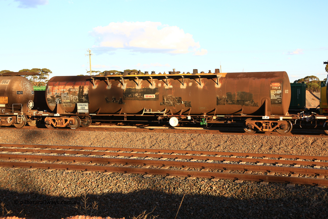 240328 3176
West Kalgoorlie, Viva Energy's NTBF type fuel tank waggon NTBF 6122, with former owners name (Freight Australia) visible. NTBF 6122 was built by Comeng NSW in 1975 as a bitumen tanker, type SCA, for Shell Bitumen NSW as SCA 273. Fitted with conventional couplers in Pacific National's train 5445 empty fuel to Esperance. March 28, 2024.
Keywords: NTBF-type;NTBF6122;Comeng-NSW;SCA-type;SCA273;