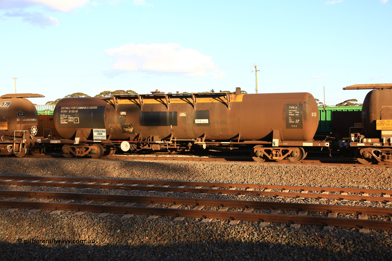 240328 3179
West Kalgoorlie, Viva Energy's NTAY type fuel tank waggon NTAY 6132 built by Industrial Engineering Qld in 1976 as an SCA type, SCA 283, for Shell. Recoded to NTAF 283, then 6132, capacity of 61,300 litres with conventional couplers. Pacific National empty fuel train 5445 to Esperance. March 28, 2024.
Keywords: NTAY-type;NTAY6132;Indeng-Qld;SCA-type;SCA283;NTAF-type;