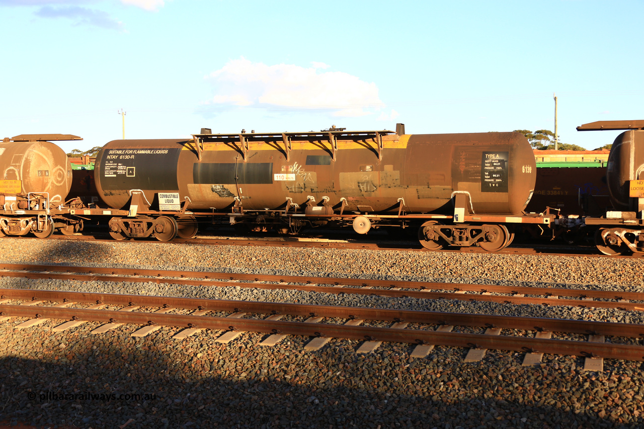 240328 3183
West Kalgoorlie, Viva Energy's NTAY type fuel tank waggon NTAY 6130, built by Indeng Qld 1979 for Shell as type SCA 281, later NTAF 281, normal E type couplers. Pacific National empty fuel train 5445 to Esperance. March 28, 2024.
Keywords: NTAY-type;NTAY6130;Indeng-Qld;SCA-type;SCA281;