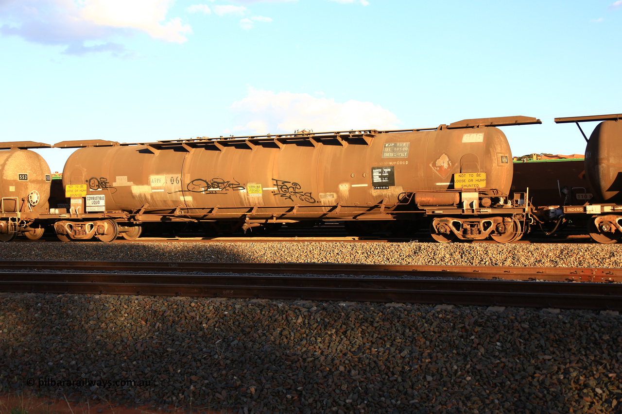 240328 3187
West Kalgoorlie, Viva Energy's APTF type fuel tank waggon ATPF 606 built by Westrail Midland Workshops in 1982 for Shell, in a batch of two, as a WJP type, 80,660 litre, one compartment one dome, with a SFL of 80,500 litres, fitted with type F InterLock couplers. Pacific National empty fuel train 5445 to Esperance. March 28, 2024.
Keywords: ATPF-type;ATPF606;Westrail-Midland-WS;WJP-type;