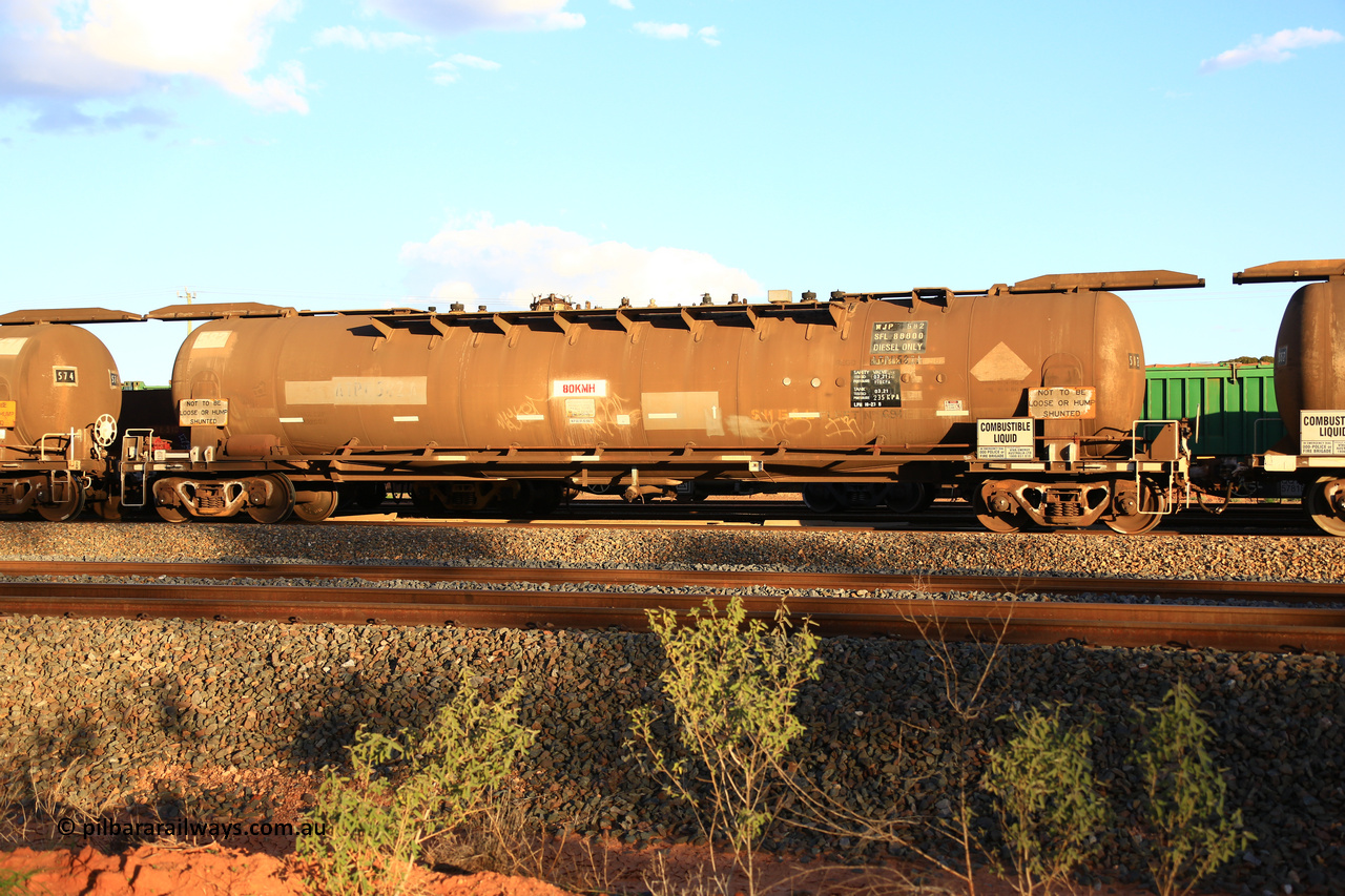 240328 3189
West Kalgoorlie, Viva Energy's APTF type fuel tank waggon ATPF 582 built by WAGR Midland Workshops in 1976 for Shell, in a batch of three, as a WJP type 80,660 litre, one compartment one dome tank waggon, with a SFL of 80,500 litres, fitted with type F InterLock couplers. Pacific National empty fuel train 5445 to Esperance. March 28, 2024.
Keywords: ATPF-type;ATPF582;WAGR-Midland-WS;WJP-type;