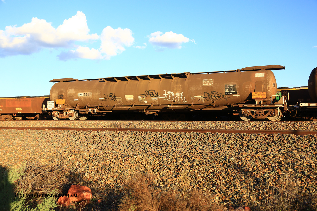 240328 3202
West Kalgoorlie, Viva Energy's ATMF type fuel tank waggon ATMF 551 is one of three built by Tulloch Limited NSW as the WJM type in 1971 with a capacity of 96,250 litres with one compartment and one dome, current Safe Fill Level [SFL] capacity of 80,500 litres, fitted with type E coupler. WJM's 551 and 552 built for Shell and 553 built for BP Oil. Pacific National's 5445 empty fuel train to Esperance. March 28.2024.
Keywords: ATMF-type;ATMF551;Tulloch-Ltd-NSW;WJM-type;