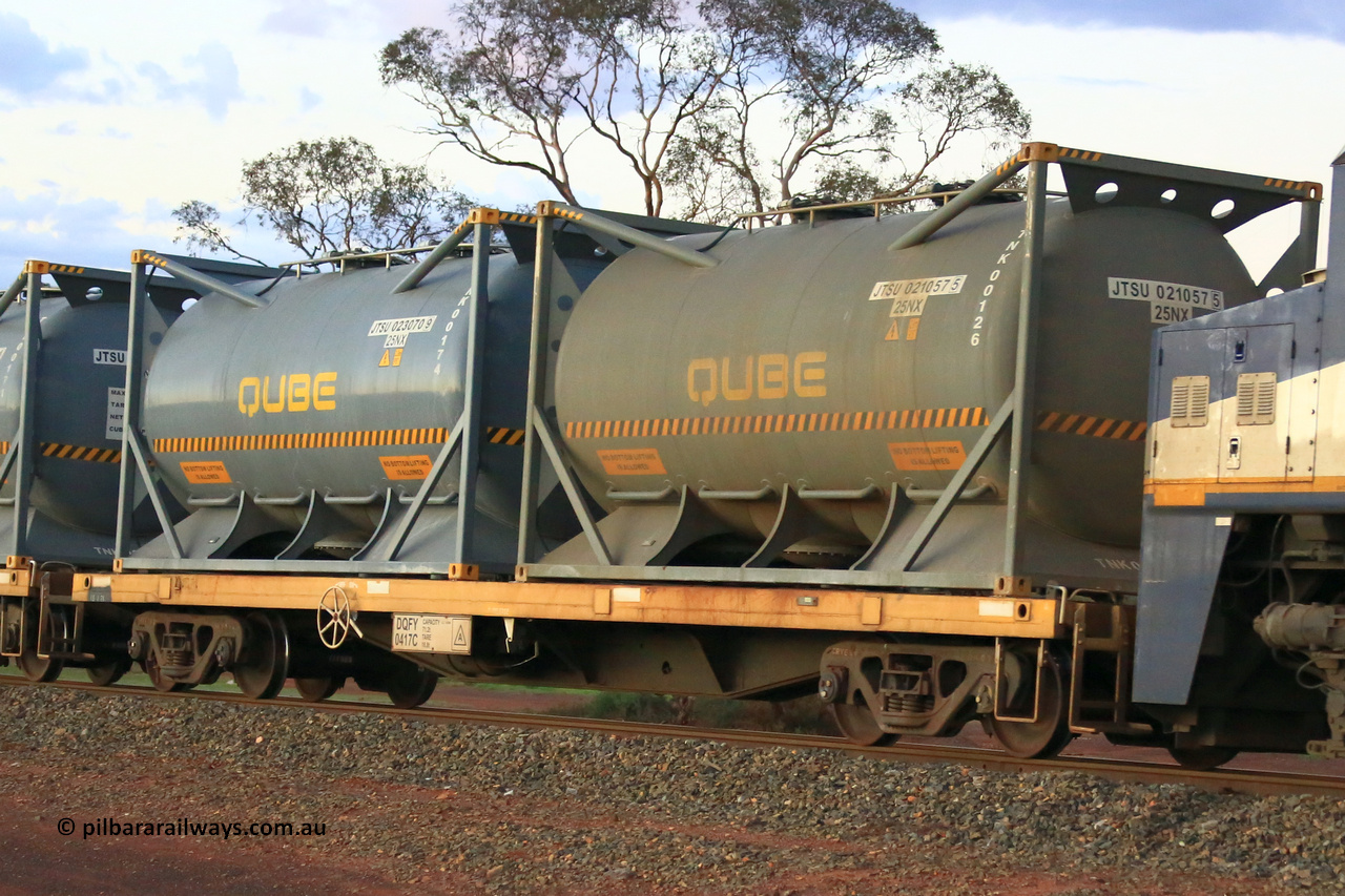 240328 3210
Lamington, on the outskirts of Kalgoorlie, 5472 nickel train from Leonora with Watco DQFY type container waggon DQFY 0417, Watco purchased twenty-nine CQFY waggons from CFCLA which were modified from Comeng NSW built BDX open waggons by ANI-Bradken NSW in 2001, carrying position 1 JTSU 021057 [5] 20' 25NX type tank for Qube TNK00126, position 2 JTSU 023070 [9] 20' 25NX type tank for Qube TNK00174. March 28, 2024.
Keywords: DQFY-type;DQFY0417;ANI-Bradken-NSW;CQFY-type;Comeng-NSW;BDX-type;