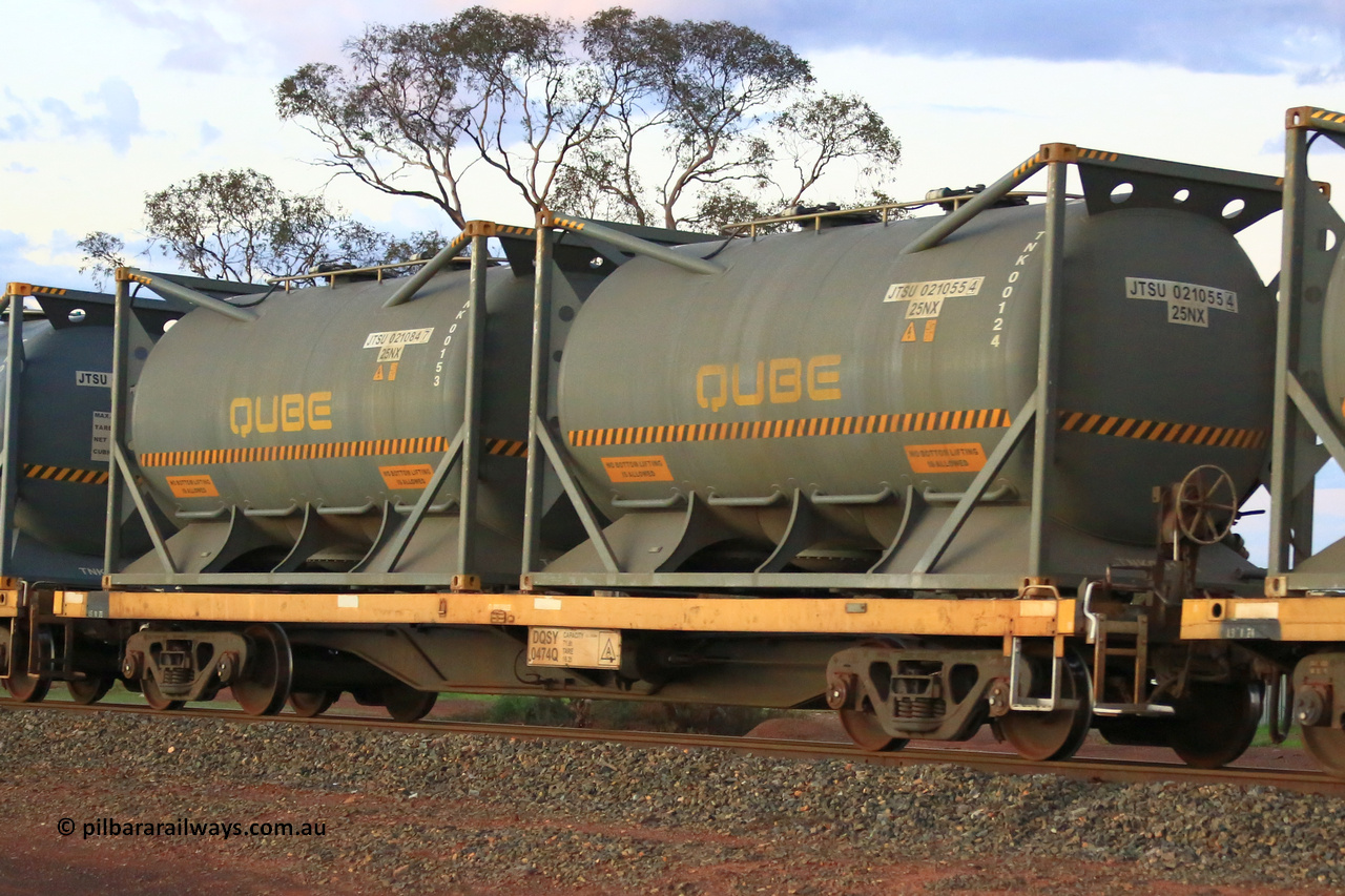 240328 3214
Lamington, on the outskirts of Kalgoorlie, 5472 nickel train from Leonora with Watco DQSY type container waggon DQSY 0474,Watco purchased fifteen DQSY waggons from CFCLA in 2017 which were modified from Victorian ELX / VOBX open waggons by Bradken and SSR Bendigo Workshops in 2004 to the CQSY, carrying position 1 JTSU 021055 [4] 20' 25NX type tank for Qube TNK00124, position 2 JTSU 021084 [7] 20' 25NX type tank for Qube TNK00153. March 28, 2024.
Keywords: DQSY-type;DQSY0474;Bradken-SSR-Bendigo;CQSY-type;Victorian-Railways;ELX-type;VOBX-type;