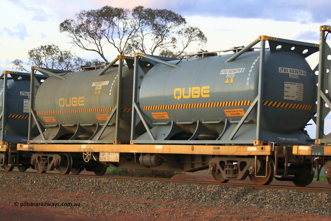 240328 3215
Lamington, on the outskirts of Kalgoorlie, 5472 nickel train from Leonora with Watco DQFY type container waggon DQFY 0431, Watco purchased twenty-nine CQFY waggons from CFCLA which were modified from Comeng NSW built BDX open waggons by ANI-Bradken NSW in 2001, carrying position 1 JTSU 023079 [8] 20' 25NX type tank for Qube TNK00183, position 2 JTSU 021079 [1] 20' 25NX type tank for Qube TNK00148. March 28, 2024.
Keywords: DQFY-type;DQFY0431;ANI-Bradken-NSW;CQFY-type;Comeng-NSW;BDX-type;