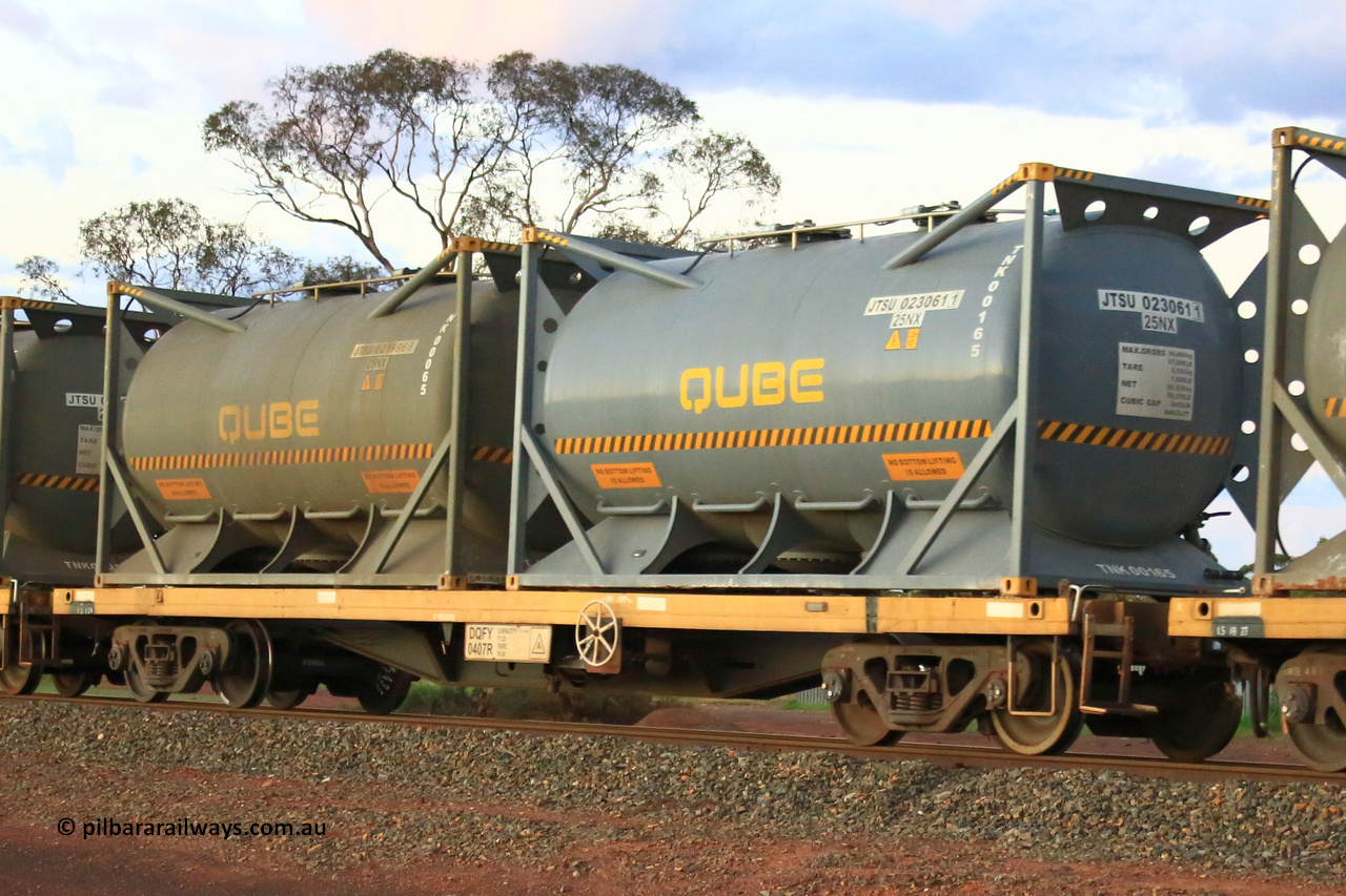 240328 3217
Lamington, on the outskirts of Kalgoorlie, 5472 nickel train from Leonora with Watco DQFY type container waggon DQFY 0407, Watco purchased twenty-nine CQFY waggons from CFCLA which were modified from Comeng NSW built BDX open waggons by ANI-Bradken NSW in 2001, carrying position 1 JTSU 023061 [1] 20' 25NX type tank for Qube TNK00165, position 2 JTSU 021996 [8] 20' 25NX type tank for Qube TNK00065. March 28, 2024.
Keywords: DQFY-type;DQFY0407;ANI-Bradken-NSW;CQFY-type;Comeng-NSW;BDX-type;