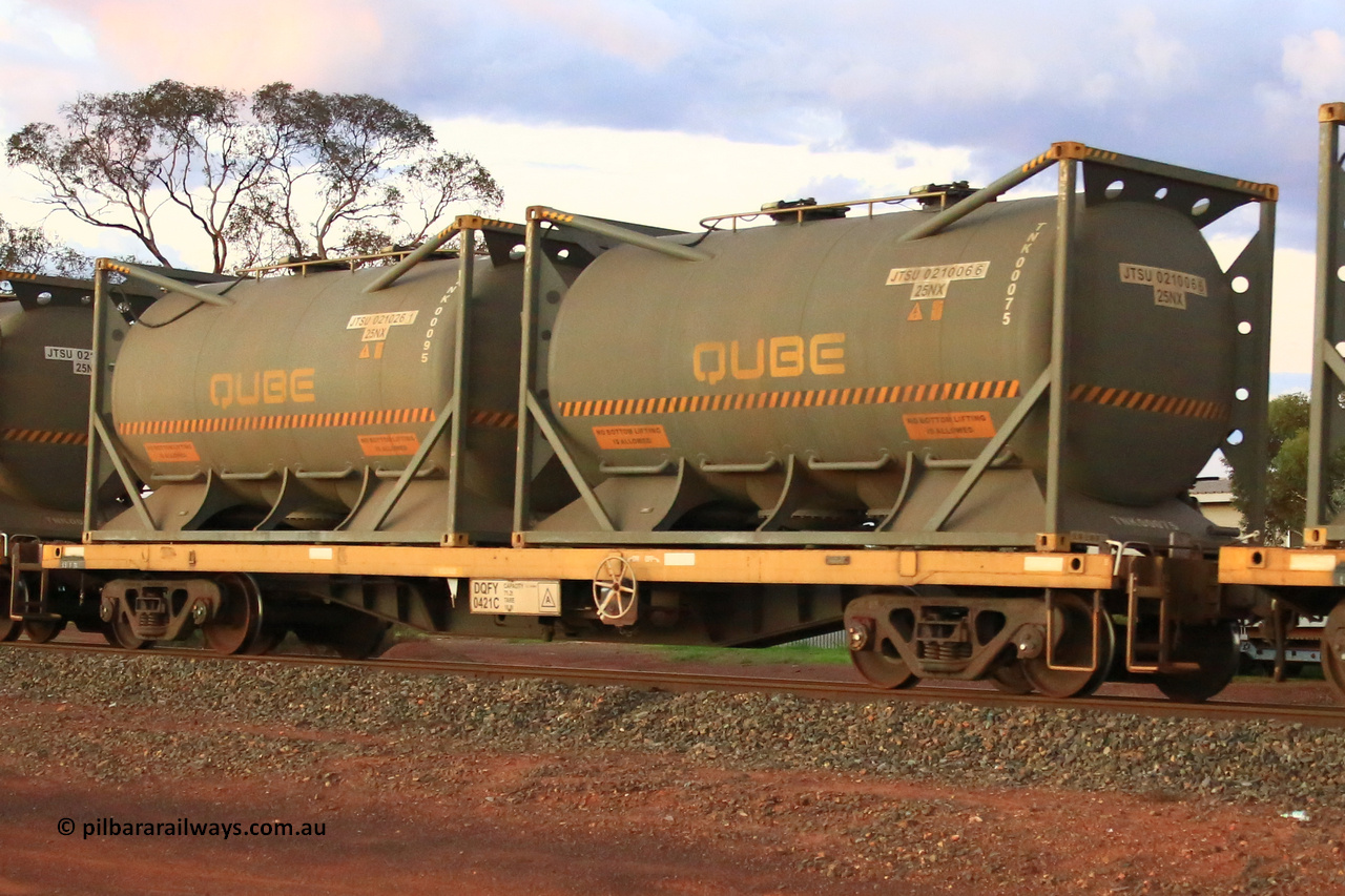 240328 3219
Lamington, on the outskirts of Kalgoorlie, 5472 nickel train from Leonora with Watco DQFY type container waggon DQFY 0421, Watco purchased twenty-nine CQFY waggons from CFCLA which were modified from Comeng NSW built BDX open waggons by ANI-Bradken NSW in 2001, carrying position 1 JTSU 021006 [6] 20' 25NX type tank for Qube TNK00075, position 2 JTSU 021026 [1] 20' 25NX type tank for Qube TNK00095. March 28, 2024.
Keywords: DQFY-type;DQFY0421;ANI-Bradken-NSW;CQFY-type;Comeng-NSW;BDX-type;