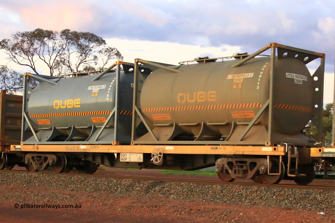 240328 3220
Lamington, on the outskirts of Kalgoorlie, 5472 nickel train from Leonora with Watco DQFY type container waggon DQFY 0429, Watco purchased twenty-nine CQFY waggons from CFCLA which were modified from Comeng NSW built BDX open waggons by ANI-Bradken NSW in 2001, carrying position 1 JTSU 021043 [0] 20' 25NX type tank for Qube TNK00112, position 2 JTSU 023065 [3] 20' 25NX type tank for Qube TNK00169. March 28, 2024.
Keywords: DQFY-type;DQFY0429;ANI-Bradken-NSW;CQFY-type;Comeng-NSW;BDX-type;