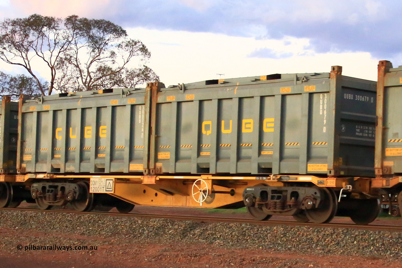 240328 3223
Lamington, on the outskirts of Kalgoorlie, 5472 nickel train from Leonora with Watco DQMY type container waggon DQMY 12001, these two pack bar coupled waggon pairs were built in 2022 by CRRC, China for Watco in a batch of thirty-seven, carrying position 1 QUBU 300679 [0] 20' Qube half height rotatable container, position 2 QUBU 300726 [7] 20' Qube half height rotatable container. March 28, 2024.
Keywords: DQMY-type;DQMY12001;CRRC-China;CQMY-type;