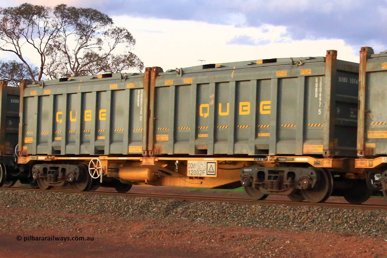 240328 3224
Lamington, on the outskirts of Kalgoorlie, 5472 nickel train from Leonora with Watco DQMY type container waggon DQMY 12002, these two pack bar coupled waggon pairs were built in 2022 by CRRC, China for Watco in a batch of thirty-seven, carrying position 1 QUBU 300697 [5] 20' Qube half height rotatable container, position 2 QUBU 300730 [7] 20' Qube half height rotatable container. March 28, 2024.
Keywords: DQMY-type;DQMY12002;CRRC-China;CQMY-type;