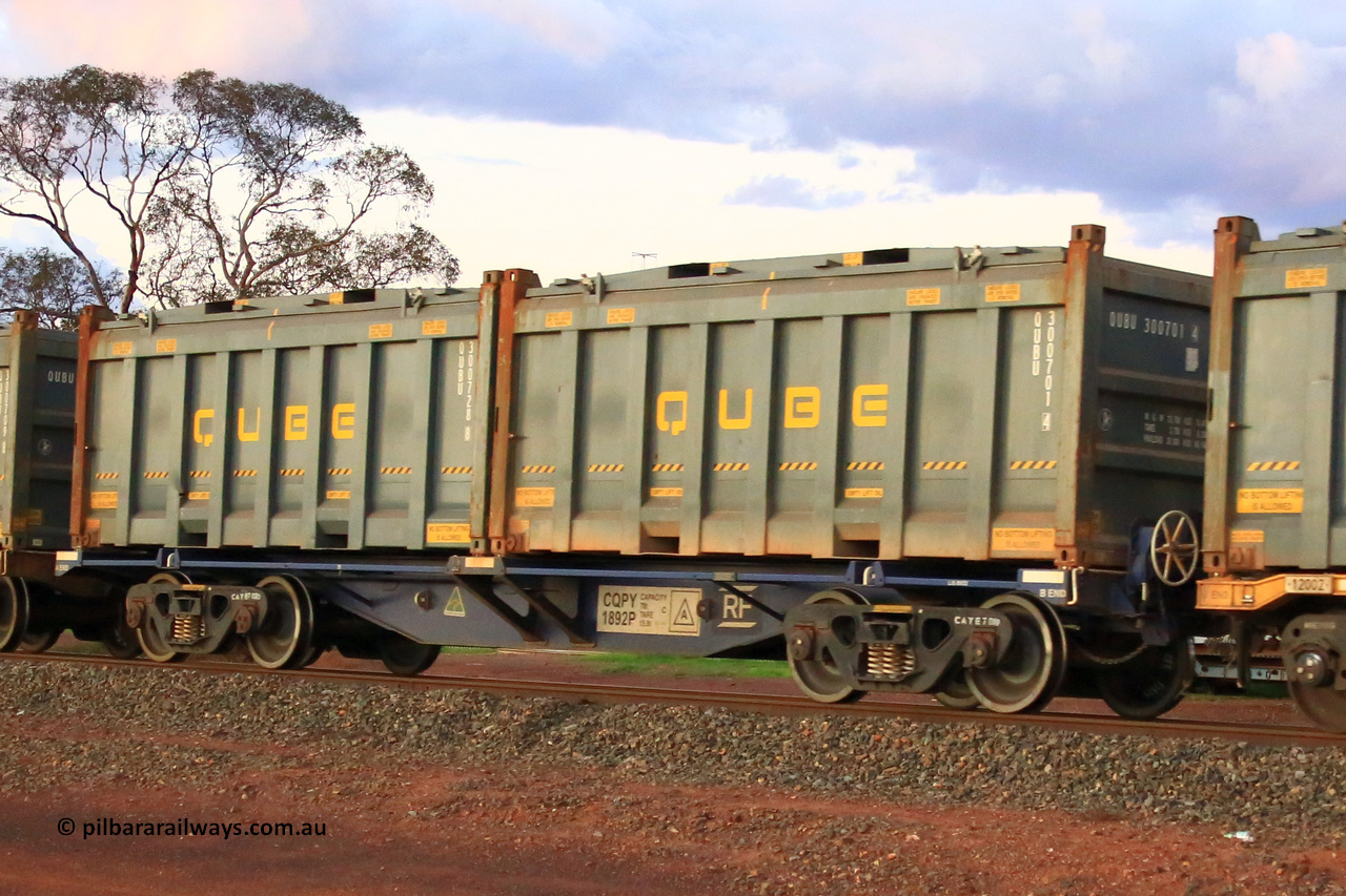 240328 3225
Lamington, on the outskirts of Kalgoorlie, 5472 nickel train from Leonora with Watco leased CQPY type container waggon CQPY 1892, the CQPY waggons were built new by Rail First for lease in a batch of two hundred at Islington Workshops in 2021 with fifty being leased to Watco, carrying position 1 QUBU 300701 [4] 20' Qube half height rotatable container, position 2 QUBU 300728 [8] 20' Qube half height rotatable container. March 28, 2024.
Keywords: CQPY-type;CQPY1892;Rail-First-Islington-WS-SA;