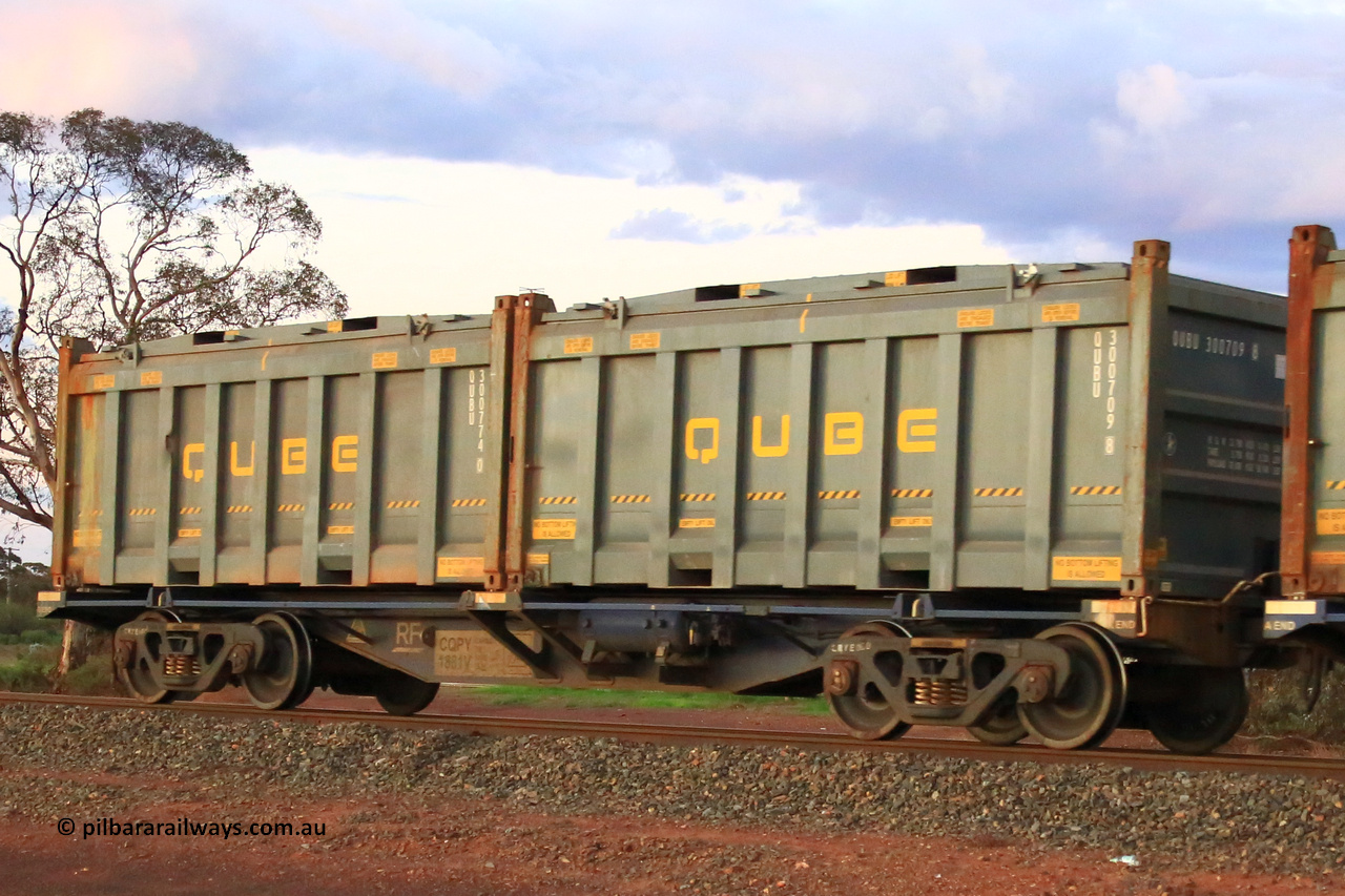 240328 3226
Lamington, on the outskirts of Kalgoorlie, 5472 nickel train from Leonora with Watco leased CQPY type container waggon CQPY 1881, the CQPY waggons were built new by Rail First for lease in a batch of two hundred at Islington Workshops in 2021 with fifty being leased to Watco, carrying position 1 QUBU 300709 [8] 20' Qube half height rotatable container, position 2 QUBU 300774 [0] 20' Qube half height rotatable container. March 28, 2024.
Keywords: CQPY-type;CQPY1881;Rail-First-Islington-WS-SA;