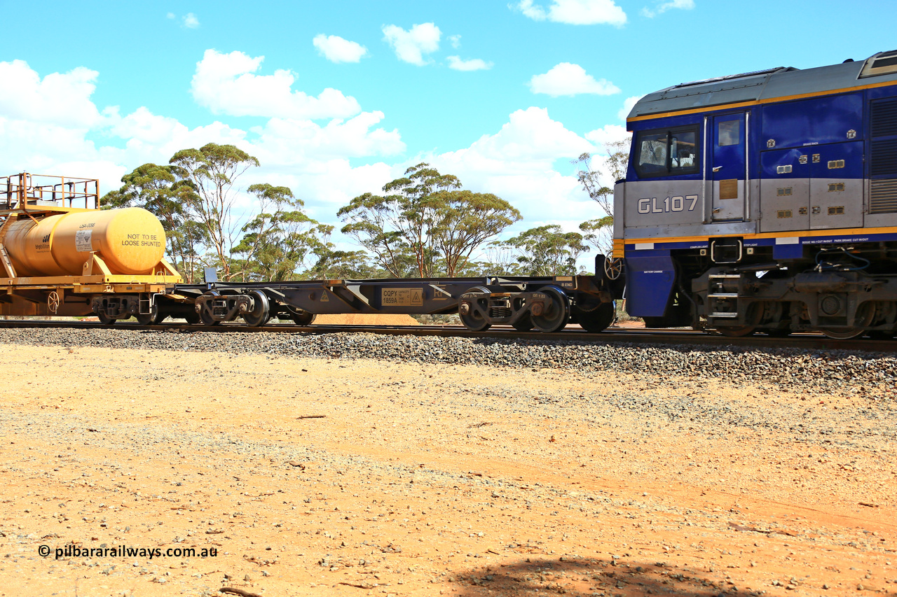 240328 3102
Hampton Ballast Siding, Watco operated loaded acid transfer train 5WS4 from the smelter at Hampton to the sidings here. CQPY type 40' container waggon CQPY 1859 is one of two hundred built by Rail First  at their Islington workshops, SA in 2021-2023. In use here as a safety waggon. March 28, 2024.
Keywords: CQPY-type;CQPY1859;Rail-First-Islington-WS-SA;