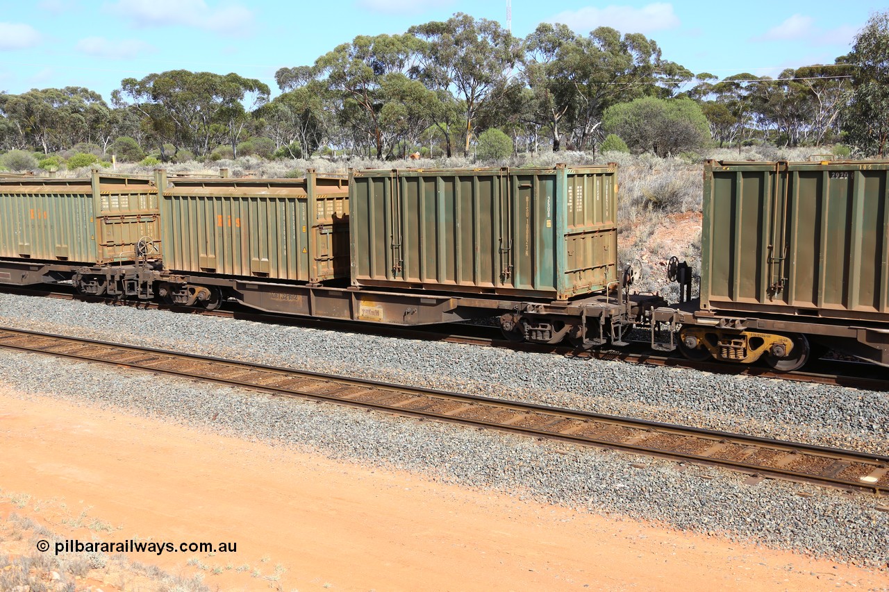 161112 2997
West Kalgoorlie, loaded Malcolm sulphur train 6029, AQNY type waggon AQNY 32192 one of sixty two waggons built by Goninan WA in 1998 as WQN type for Murrin Murrin container traffic with an un-decaled hard-top type 25U0 container BISU 100023 and Bis Industries roll-top type 55UA container SBIU 200616.
Keywords: AQNY-type;AQNY32192;Goninan-WA;WQN-type;