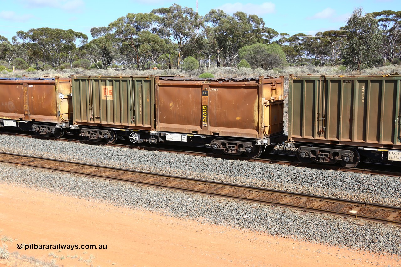161112 3001
West Kalgoorlie, loaded Malcolm sulphur train 6029, CQZY type waggon CQZY 1624, built by CIMC at Dalian China for CFCLA and one of fifteen on lease to Aurizon with original style sulphur container S136M 924 with ratty sliding tarpaulin and Bis Industries hard-top type 25U0 container BISU 100101.
Keywords: CQZY-type;CQZY1624;CIMC-Dalian-China;