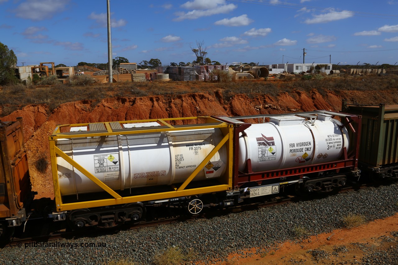 161112 3033
West Kalgoorlie, loaded Malcolm sulphur train 6029, CQZY type waggon CQZY 1626, built by CIMC at Dalian China for CFCLA and one of fifteen on lease to Aurizon with two Evonik TEU 2075 type tanktainers for hydrogen peroxide, NCTU 027015 and DWAU 107180.
Keywords: CQZY-type;CQZY1626;CIMC-Dalian-China;