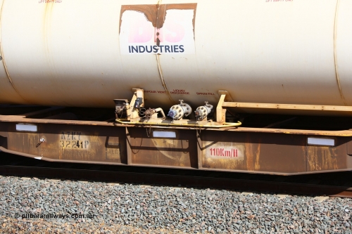 161112 2985
West Kalgoorlie, loaded Malcolm sulphur train 6029, close up of the filling / discharge valve assembly on AZKY type anhydrous ammonia tank waggon AZKY 32241, one of twelve waggons built by Goninan WA in 1998 as type WQK for Murrin Murrin traffic fitted with Bis INDUSTRIES anhydrous ammonia tank A3F.
Keywords: AZKY-type;AZKY32241;Goninan-WA;WQK-type;