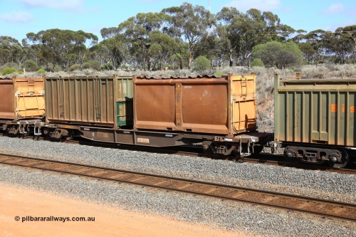 161112 2987
West Kalgoorlie, loaded Malcolm sulphur train 6029, AQNY type waggon AQNY 32167 one of sixty two waggons built by Goninan WA in 1998 as WQN type for Murrin Murrin container traffic with original style sulphur container with sliding tarpaulin S103H G948 with walking man logo and non decaled Bis Industries hard-top 25U0 type sulphur container BISU 100058.
Keywords: AQNY-type;AQNY32167;Goninan-WA;WQN-type;