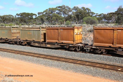161112 2993
West Kalgoorlie, loaded Malcolm sulphur train 6029, AQNY type waggon AQNY 32209 one of sixty two waggons built by Goninan WA in 1998 as WQN type for Murrin Murrin container traffic with original style sulphur container S20M G818 and Bis Industries roll-top 55UA type container SBIU 200617.
Keywords: AQNY-type;AQNY32209;Goninan-WA;WQN-type;