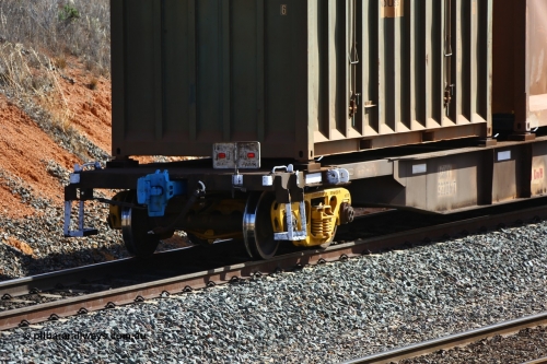 161112 3019
West Kalgoorlie, loaded Malcolm sulphur train 6029, AQNY type waggon AQNY 32206 one of sixty two waggons built by Goninan WA in 1998 as WQN type for Murrin Murrin container traffic, showing signs of recent workshops attention, new bogies, new E type bottom shelf coupler and the standard End of Train device being a white rectangle with red 'bicycle lights'.
Keywords: AQNY-type;AQNY32206;Goninan-WA;WQN-type;