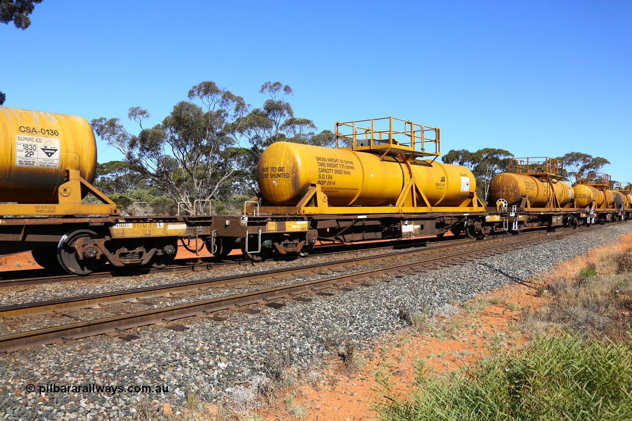 161112 3462
Binduli, loaded Hampton acid train 7406 with AQHY 30094 with sulphuric acid tank CSA 0100, originally built by the WAGR Midland Workshops in 1964/66 as a WF type flat waggon, then in 1997, following several recodes and modifications, was one of seventy five waggons converted to the WQH type to carry CSA sulphuric acid tanks between Hampton/Kalgoorlie and Perth/Kwinana. CSA 0100 was built by Vcare Engineering, India for Access Petrotec & Mining Solutions.
Keywords: AQHY-type;AQHY30094;WAGR-Midland-WS;WF-type;WFDY-type;WFDF-type;RFDF-type;WQH-type;