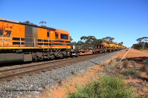 161112 3447
Binduli, loaded Hampton acid train 7406 behind Q class Q 4009 with barrier waggon AZDY 30728, one of about fourteen WBAX vans converted to AZDY type sodium cyanide container waggon, originally built by WAGR Midland Workshops as one of seventy five WV/X type covered vans in 1967-68, converted late 1988/9 to WQDF.
Keywords: AZDY-type;AZDY30728;WAGR-Midland-WS;WVX-type;WBAX-type;WQDF-type;WQDY-type;